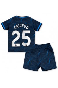 Chelsea Moises Caicedo #25 Jalkapallovaatteet Lasten Vieraspeliasu 2023-24 Lyhythihainen (+ Lyhyet housut)